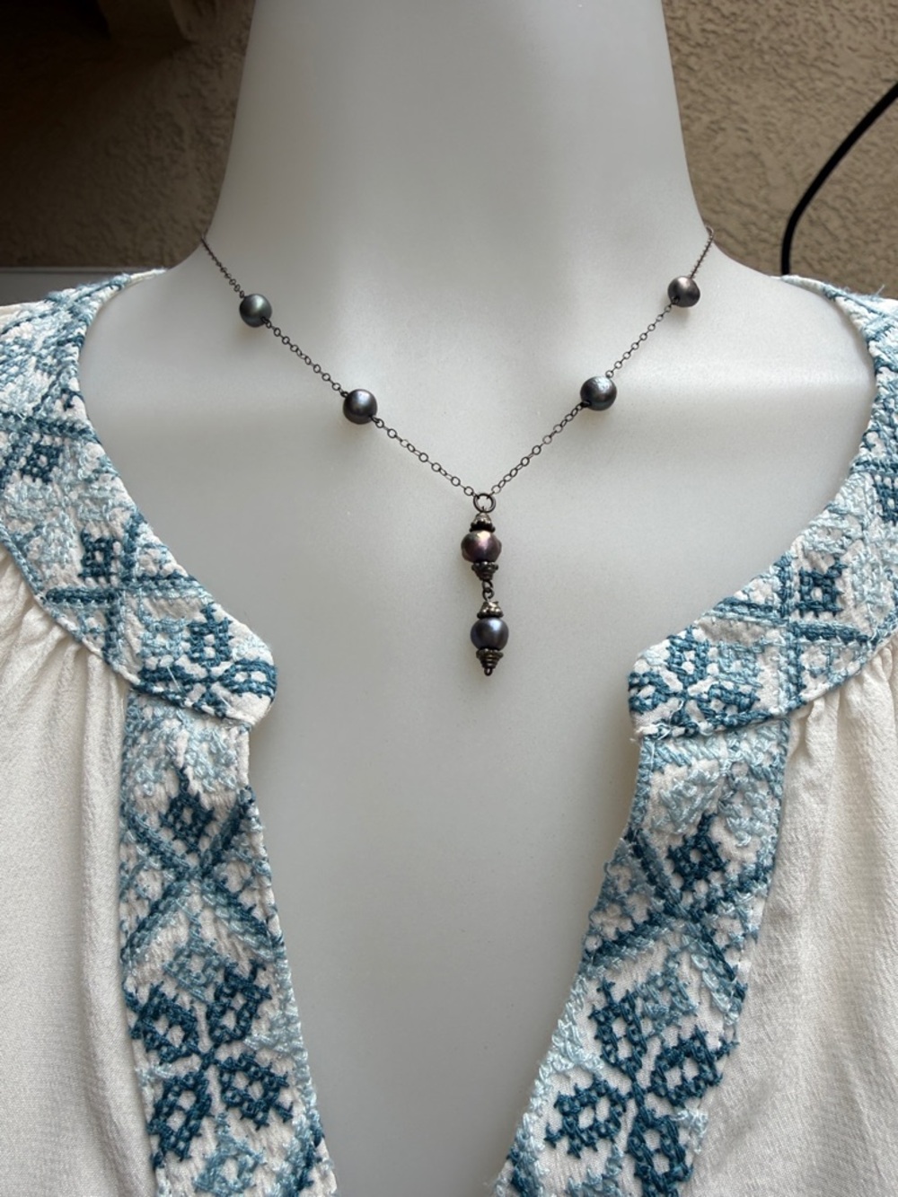 Vintage Delicate Rare Dark Pearl Y Sterling Silver Necklace